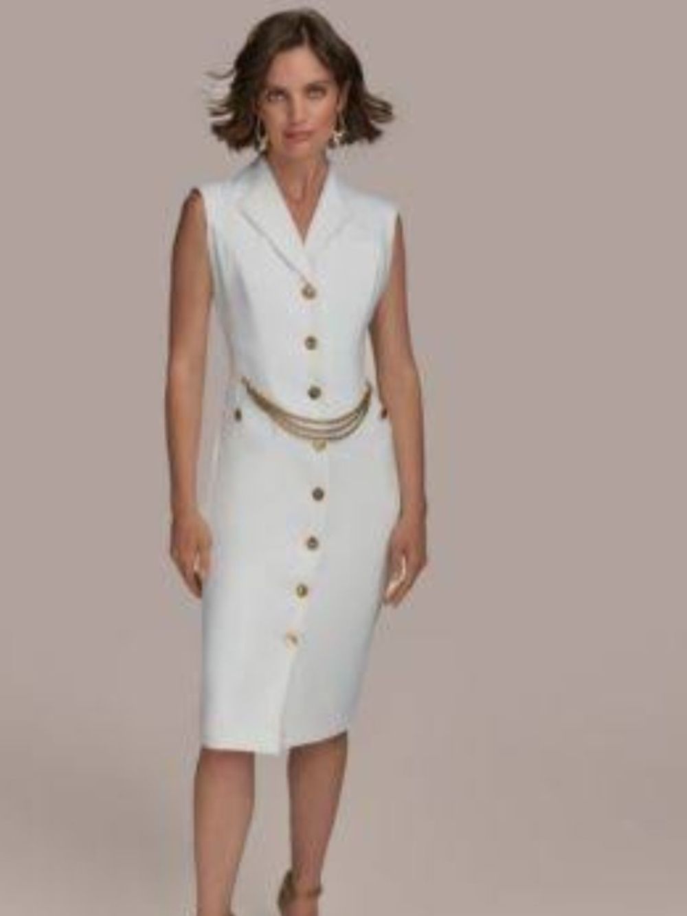 Donna Karan White Sleeveless Sheath Dress with Gold Chain